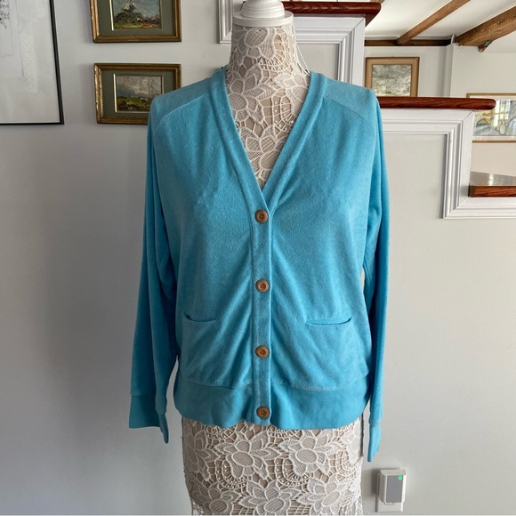 KERRY ROSENTHAL Blue French Terry Cardigan Heary Elbow Patch Large - Picture 4 of 6